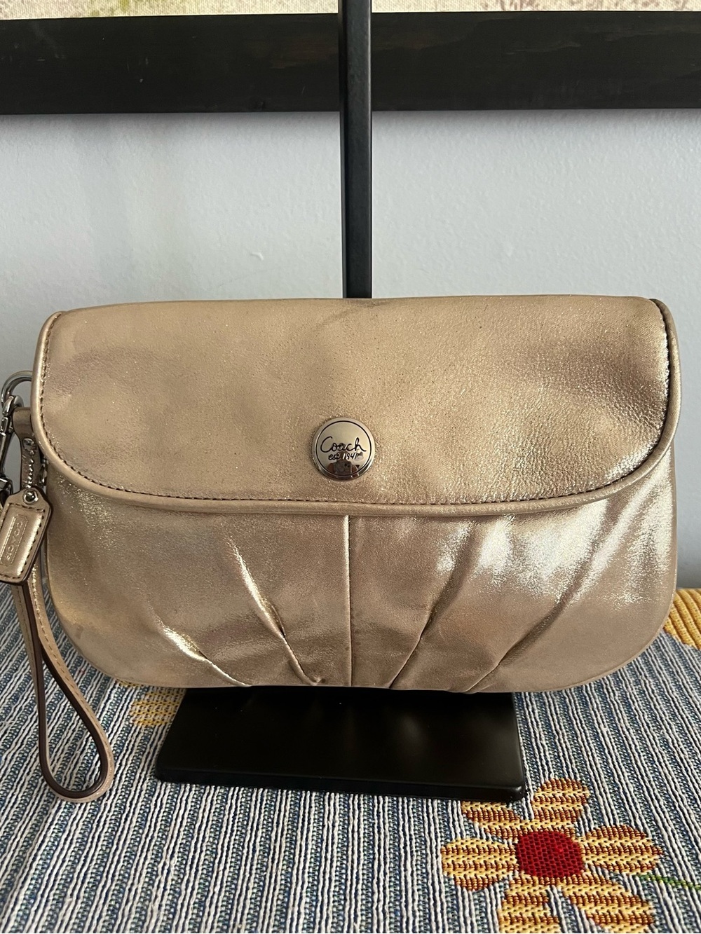 Coach Pleated Metallic Gold Leather Wristlet Clutch EUC